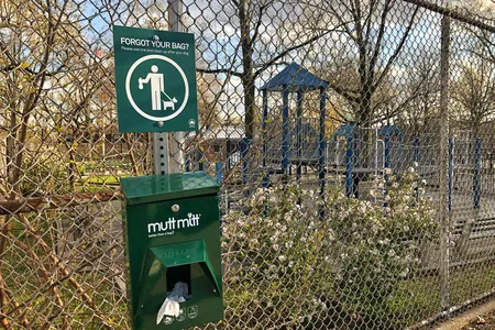 Dog waste bags outside a park in Queens, New York. The maximum fine for not picking up your dog&#39;s waste in New York City is $250.