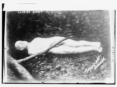 The Cardiff Giant, posed with a branch tastefully obscuring his genitals. 