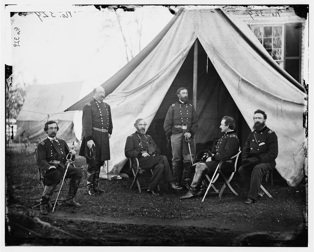 Generals of the Army of the Potomac in Culpeper, Virginia, in 1863. L to R: Gouverneur K. Warren, William H. French, George G. Meade, Henry J. Hunt, Andrew A. Humphreys and George Sykes