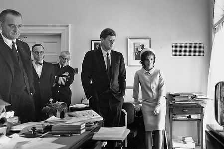 JFK, Vice President Lyndon B. Johnston, First Lady Jaqueline Kennedy and others watching the 1961 flight of astronaut Alan Shepard, the first American in space.