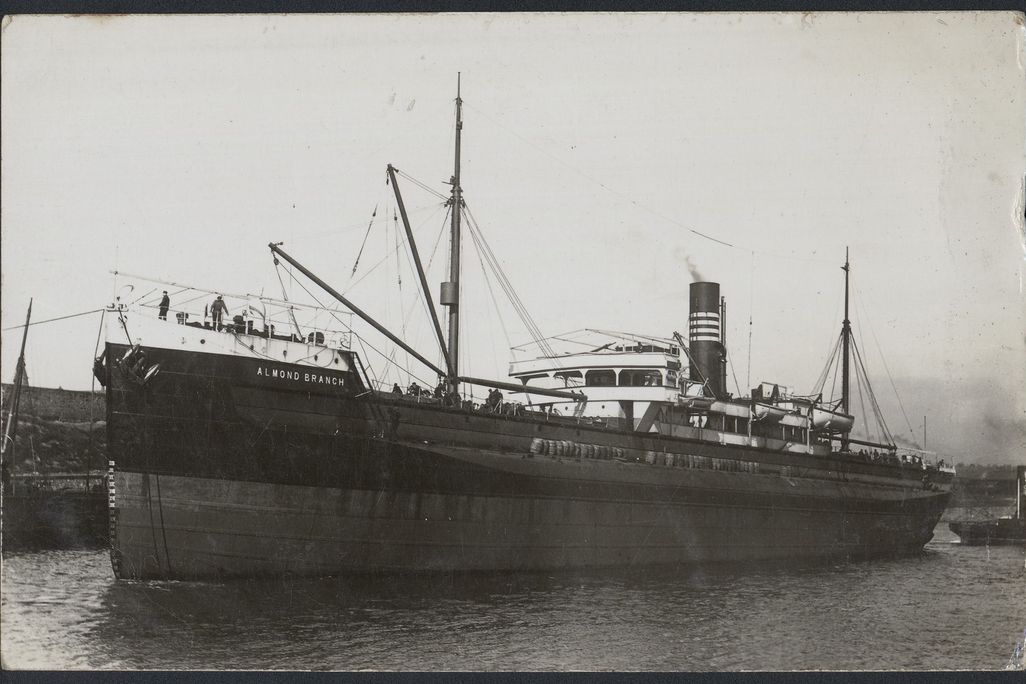 Historic black and white photo of ship