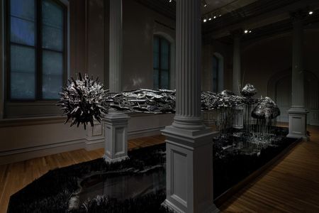 Lauren Fensterstock, The totality of time lusters the dusk, 2020, glass, Swarovski crystal, quartz, obsidian, onyx, hematite, paper, Plexiglas, wood, cement, lath, and mixed media, dimensions variable, (Courtesy Claire Oliver Gallery. Photo by Ron Blunt)