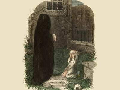 An 1843 illustration for A Christmas Carol&nbsp;by George Leech, in which Ebenezer Scrooge is shown his own tombstone

