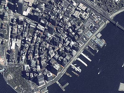Lower Manhattan at one-meter resolution. The IKONOS satellite took this picture in 2000, when such detailed imagery was new on the market, and the Twin Towers (left, center) were intact.