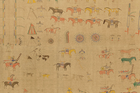 Cegape or Strike the Kettle (Lakota, ca. 1841–?). Untitled painting, collected in 1893. North or South Dakota. 20/5176. Most large paintings of this kind focus on a single event, often a battle. This painting, made by a follower of Sitting Bull, shows warriors—figures on horseback carrying lances and shields—within the Lakota way of life. (National Museum of the American Indian, Smithsonian)