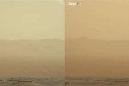 These two views from NASA’s Curiosity rover, acquired specifically to measure the amount of dust inside Gale Crater, show that dust has increased over three days from a major Martian dust storm.  The images were taken by the rover’s Mastcam.