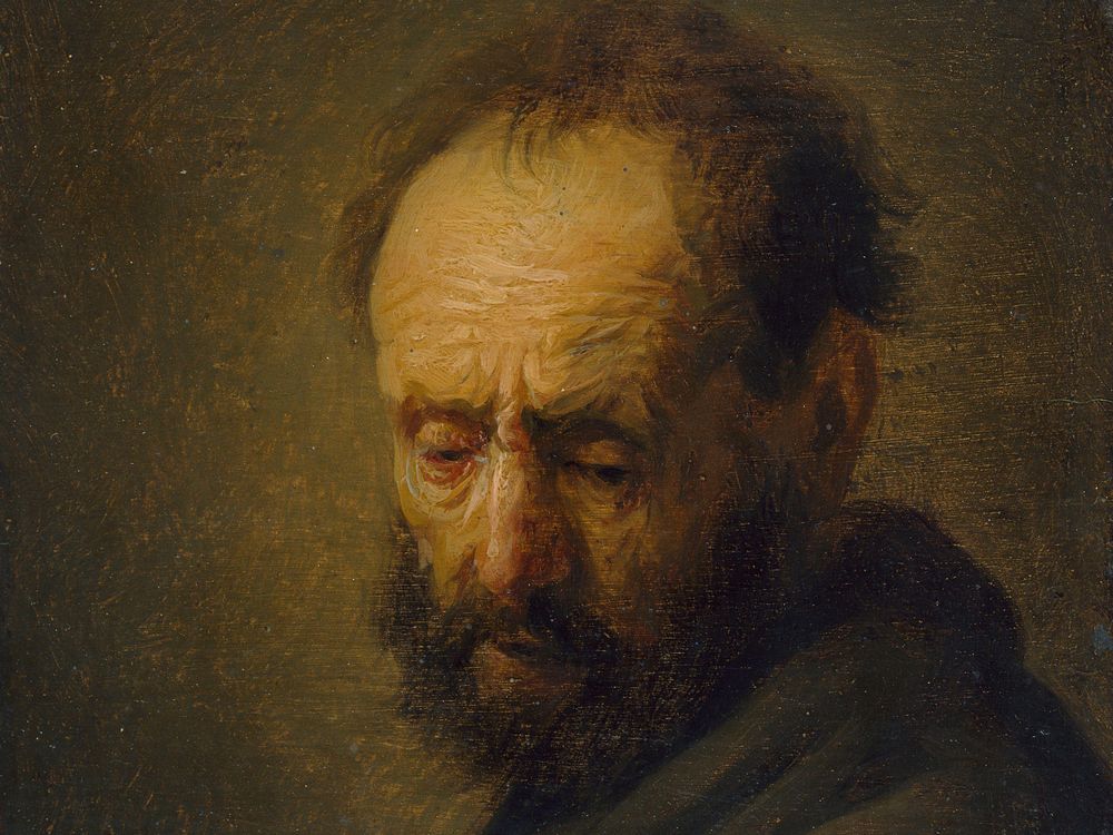 A yellow-toned, dark portrait of a white man from the chest up; his forehead wrinkles are prominent; he turns toward the viewer and wears a dark cloak, with balding, scraggly brown hair and beard, looks despondently downward