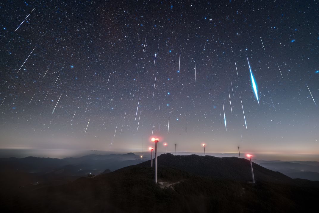 Dozens of meteors burn through the atmosphere