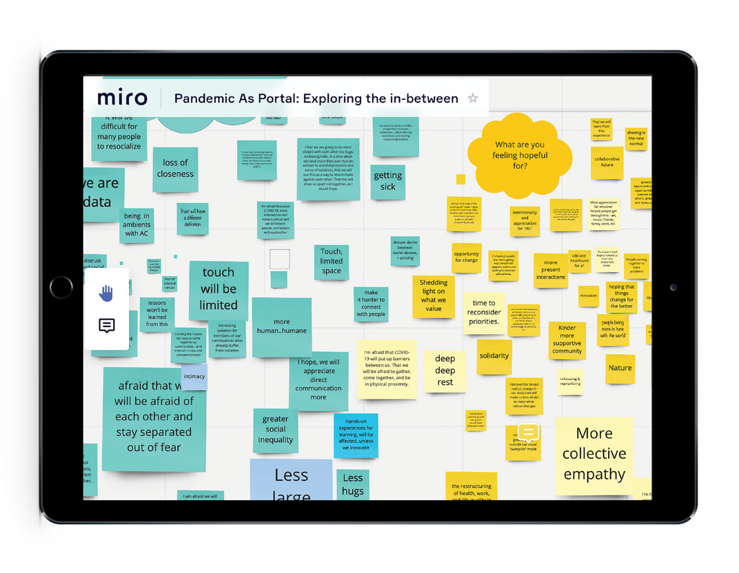 Tablet mockup with a Miro board covered in sticky notes