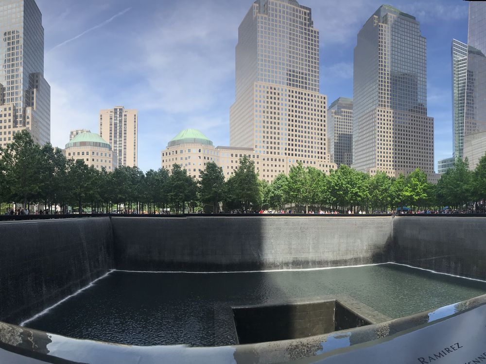 Panoramic view of New York City from the 9/11 Memorial site ...