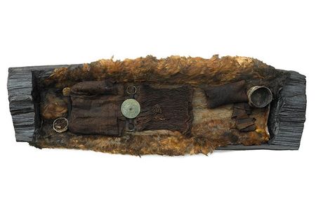 The Egtved girl was a high-born female from the Bronze Age. In her grave in Denmark, she wears a wool dress. Wool textiles and a bronze belt plate that resembles the sun surround her remains. 