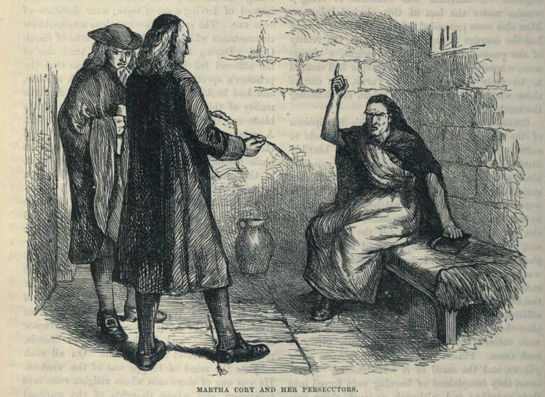 An engraving of Martha Corey being questioned by investigators