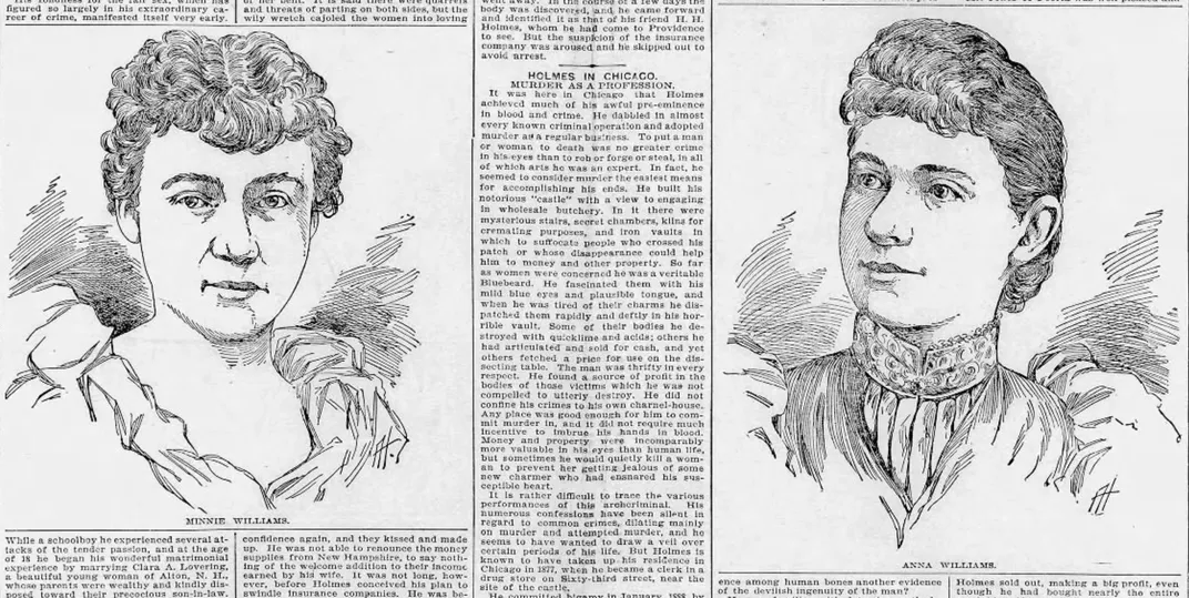 The <em>Chicago Chronicle</em>'s illustrations of Minnie and Anna Williams, two of Holmes' likely victims