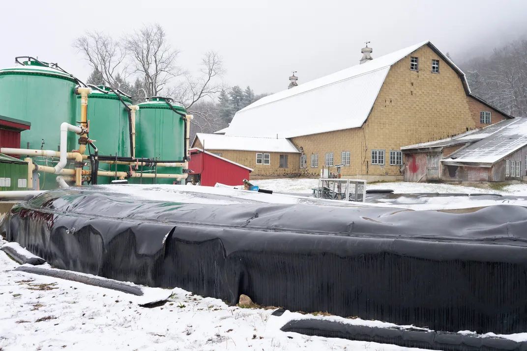 The black-covered digester on the Barstow property, first installed in 2013, was later expanded by Vanguard Renewables.