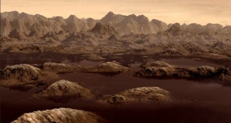 Artist’s rendition of a ethane lake on Titan.