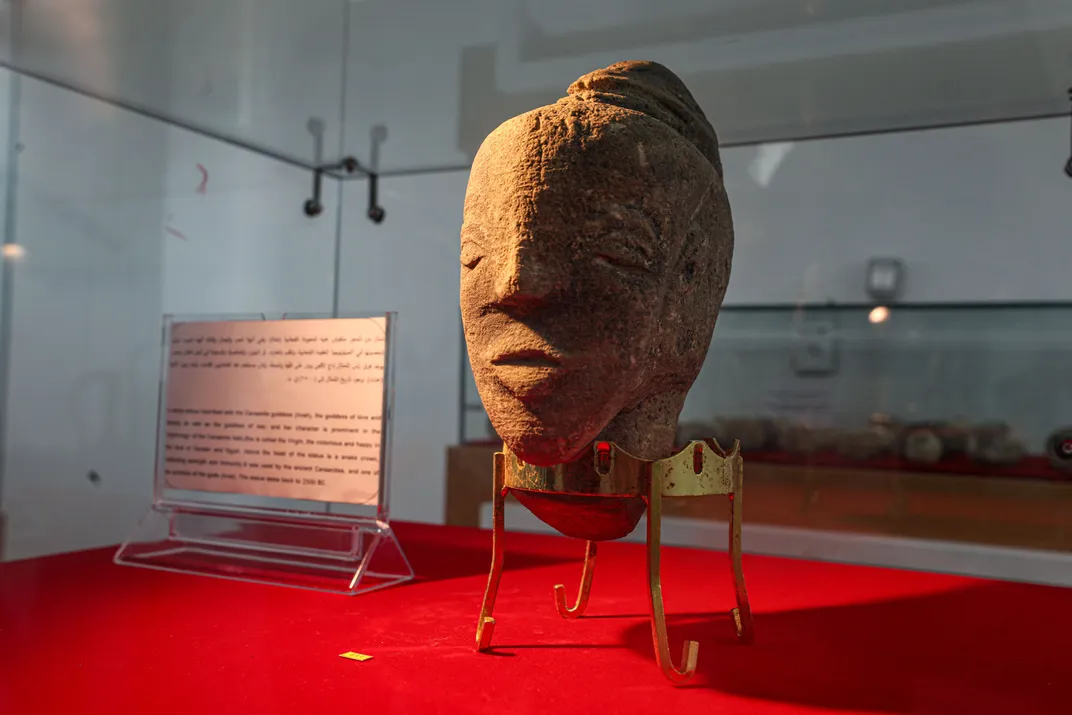 A sculpture of Canaanite goddess 'Anat' is displayed in Gaza City after its discovery by a Palestinian farmer.