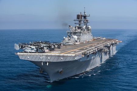 The USS Makin Island on pre-deployment training ops off the Southern California coast. “We can move this 40-thousand-ton warship with the same power provided by our ship diesel generators that generate electricity to drive my [air conditioning], my lights, my television, my communications,” says Captain Holsey.