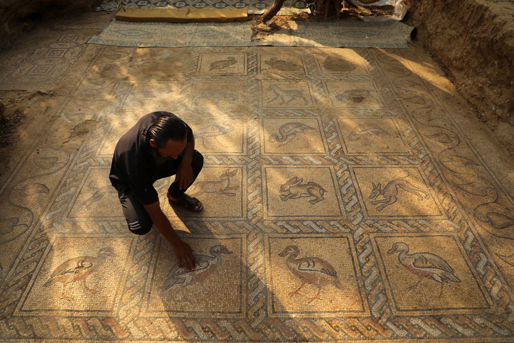Farmer cleans mosaic