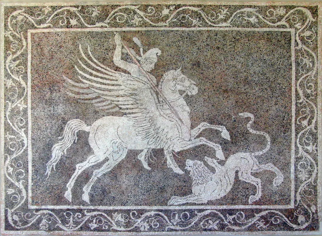 An ancient mosaic of Bellerophon killing the Chimera
