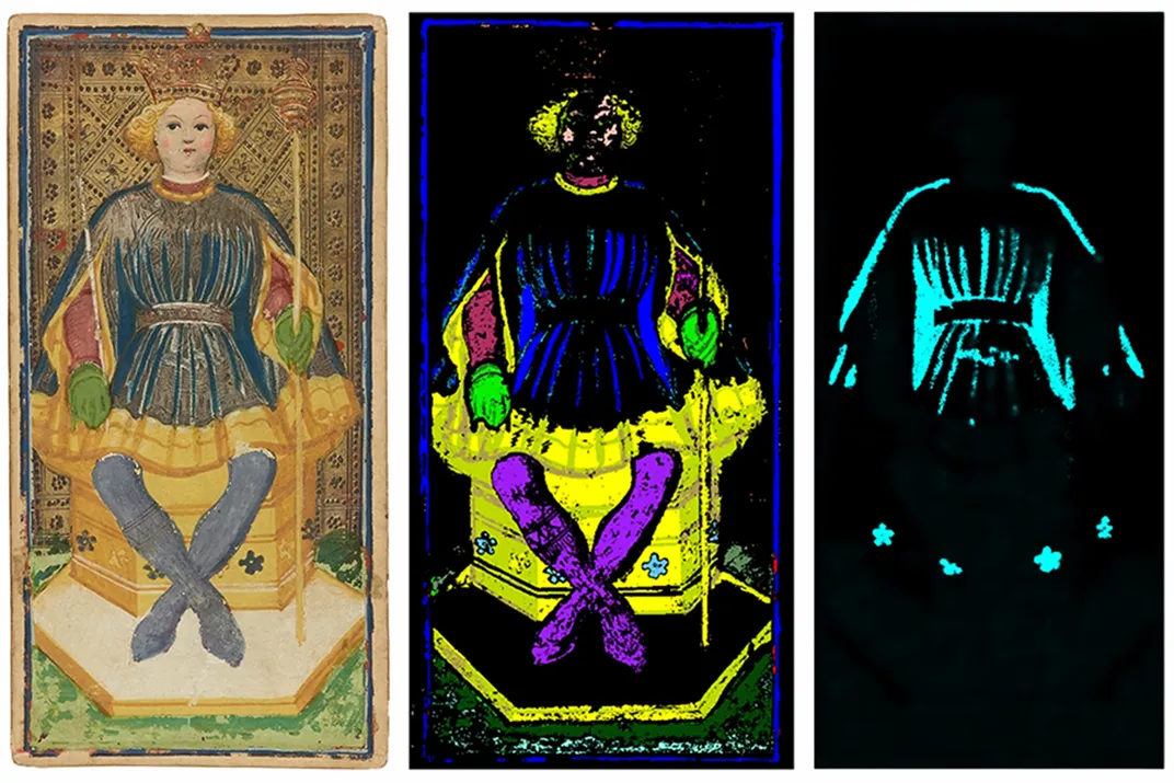 A tarot card of King of Staves in two modes of spectroscopy showing researchers how the cards were made.