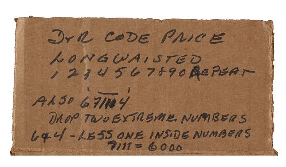 Detail of cardboard box with price code key for Winslow Homer paintings, between 1900 and 1950. Doll & Richards records, Archives of American Art, Smithsonian Institution.