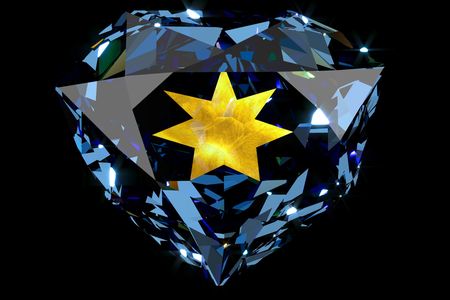 A computer simulation of how the Hope Diamond likely appeared when it was owned by King Louis XIV of France. The sunburst inside the stone results from specially-cut facets on its back, which produce a translucent area that conveys the color of the diamond's gold mounting.