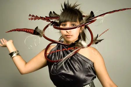 Postmodern Boa by David Gaussoin and Wayne Nez Gaussoin (Diné [Navajo]) and Picuris Pueblo, 2009, stainless steel, sterling silver, enamel paint and feathers 