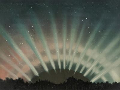 In this pastel drawing, 14 bluish white rays radiate out and upward from a dark half-moon shape flanked by trees. White stars are visible in the night sky.