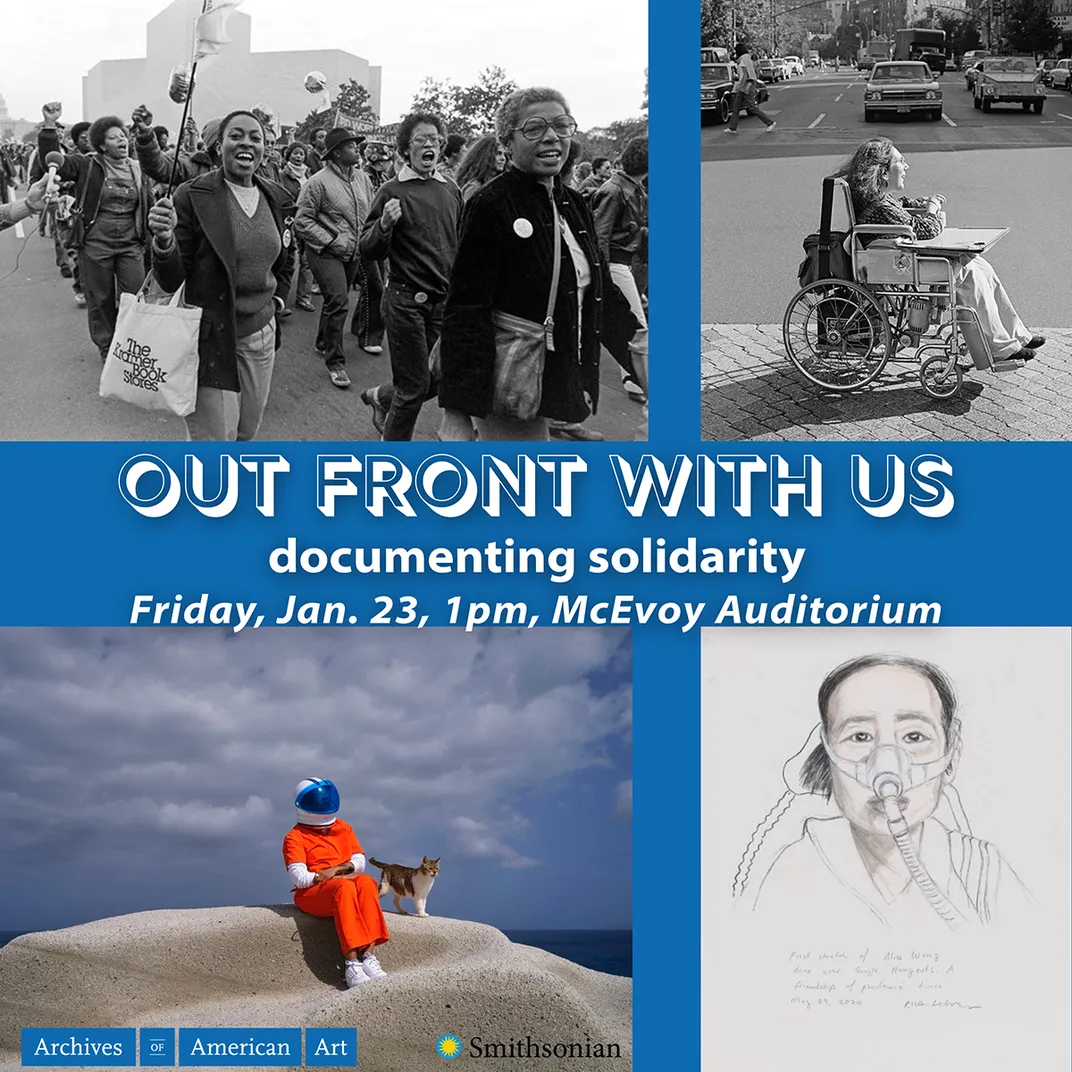 Poster with four images and white text on a blue background reading, “Out Front with Us: documenting solidarity.” Black text just below on a white background reads, “January 23rd, 1pm, McEvoy Auditorium.” The four images clockwise from top left are: 1. A