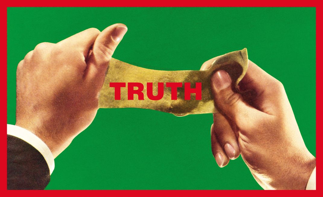 A green space framed by red, two disembodied hands hold a yellow piece of paper with the words TRUTH in bold rent font