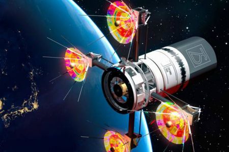 Artist Yoshi Sodeoka envisions musical instruments carried in satellites orbiting the Earth that would be able to “neutralize nations at war."
