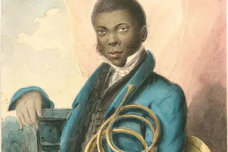 An anonymous watercolor portrait of Francis Johnson holding an early 19th-century horn