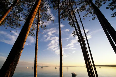 Sailboats moor at Presque Isle Bay on Stockton Island in Lake Superior's Apostle Islands National Lakeshore, Wisconsin