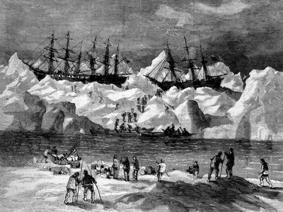 Crews abandon their ships during the Great Whaling Disaster of 1871. 