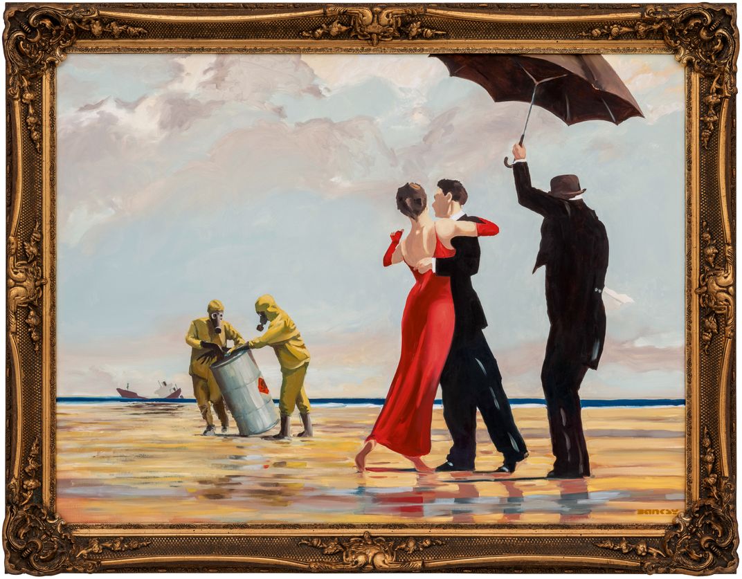 Painting of a woman in a red dressing dancing with a man