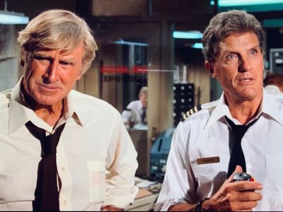 Lloyd Bridges and Robert Stack as an air-traffic controller and an airline captain who must talk a jittery pilot through a risky landing. With faces like these, no one is kidding around. 