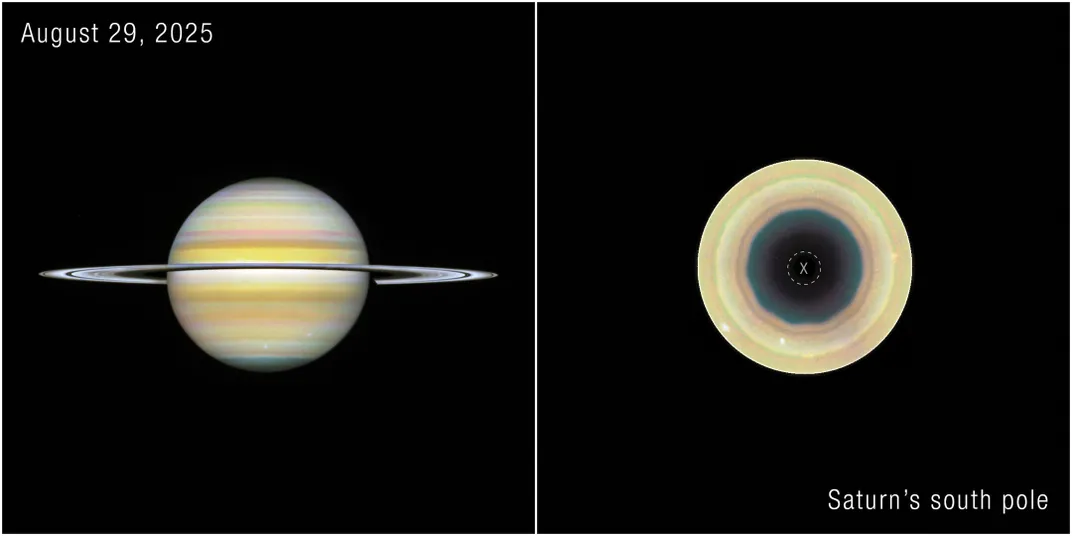 two color images, one of Saturn and one of its south pole