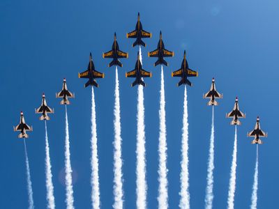 The U.S. Air Force Thunderbirds and U.S. Navy Blue Angels fly their joint "Super Delta" formation over Naval Air Base El Centro, California in March.