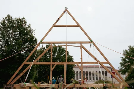 A full-scale replica of Notre-Dame&rsquo;s Truss 6 in Washington, D.C. last summer.