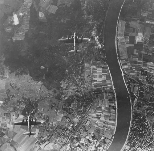 Bombs dropped by the 100th burst on enemy installations in Wesseling, Germany, on August 12, 1943