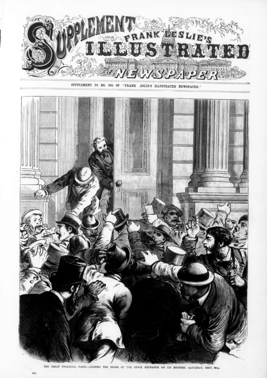 An illustration of the closing of the New York Stock Exchange doors on September 20