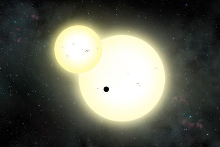 Artist's impression of the simultaneous stellar eclipse and planetary transit events on Kepler-1647. Such a double eclipse event is known as a syzygy.