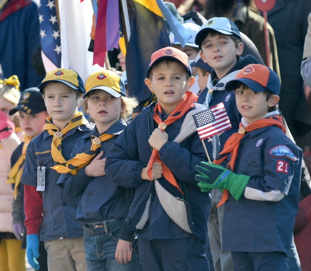 a group of Cub Scouts watch a parade