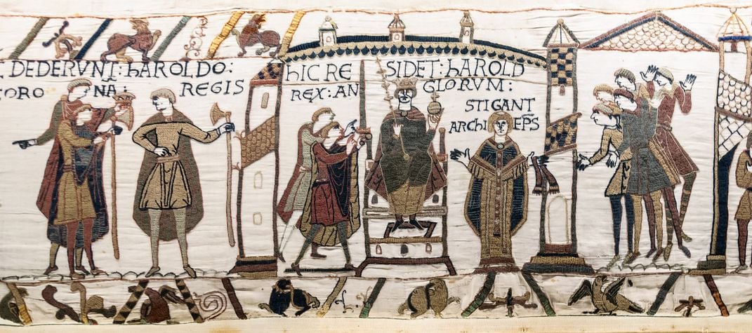 Depiction of the coronation of Harold Godwinson, England's last Anglo-Saxon king, in the Bayeux Tapestry