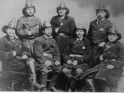 The "Albany Fire Protectors" seen in this undated, probably late-19th century photograph, might have used a fire pole.