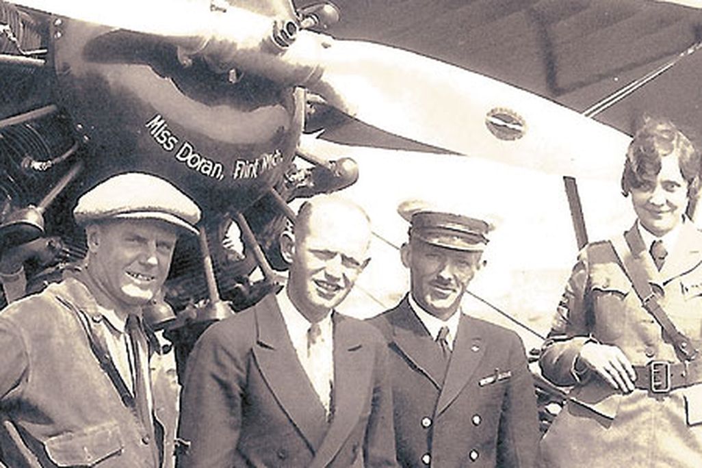 Left to right: Bill Malloska, the airplaneâs owner; Augie Pedlar, pilot; Manley Lawling, navigator, later replaced by Vilas Knope; and Mildred Doran, in classic uniform.