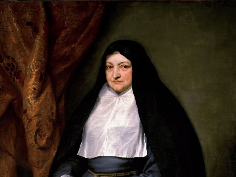 A portrait of an elderly white woman dressed in simple black and white mourning clothes, holding a black sash tied around her waist