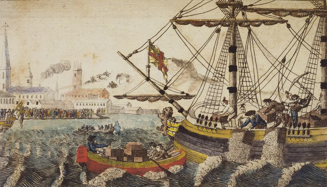 A 1789 illustration of the Boston Tea Party, then known as the destruction of tea at Boston Harbor, by British engraver W.D. Cooper