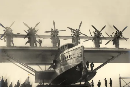 A Dornier Do X flying boat parked on its launch ramp circa 1929—the year the 56-ton transatlantic luxury craft set a passenger-carrying record (169 souls) that stood for two decades. Only three of the type were ever built.