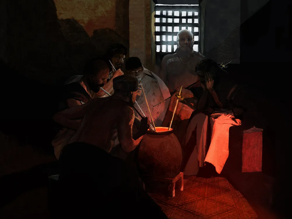 An illustration of ancient people in a dimly lit interior, wearing long draped clothing and sipping from the same large pot with elongated straws
